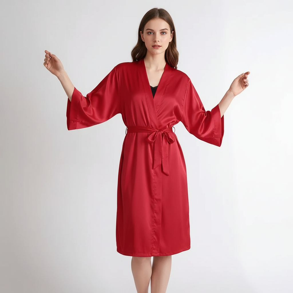 Lightweight kimono robe with three-quarter sleeves and adjustable waist tie