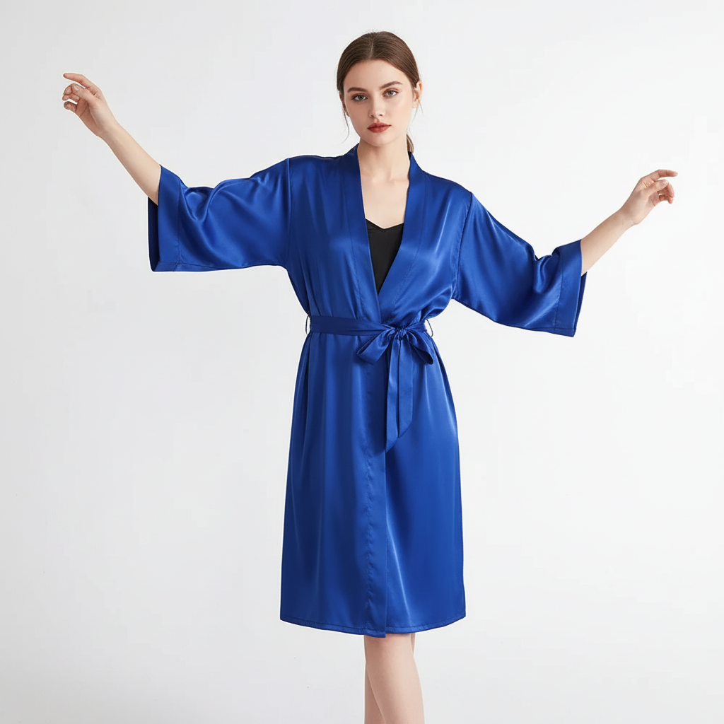 Lightweight kimono robe with three-quarter sleeves and adjustable waist tie