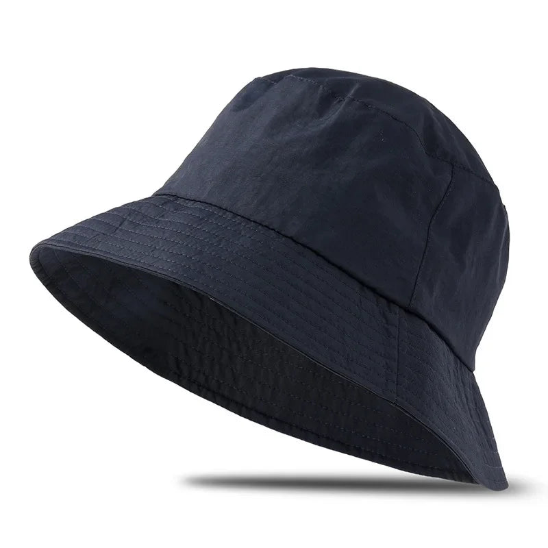 Wide-brim bucket hat with water-repellent fabric and extended sizing