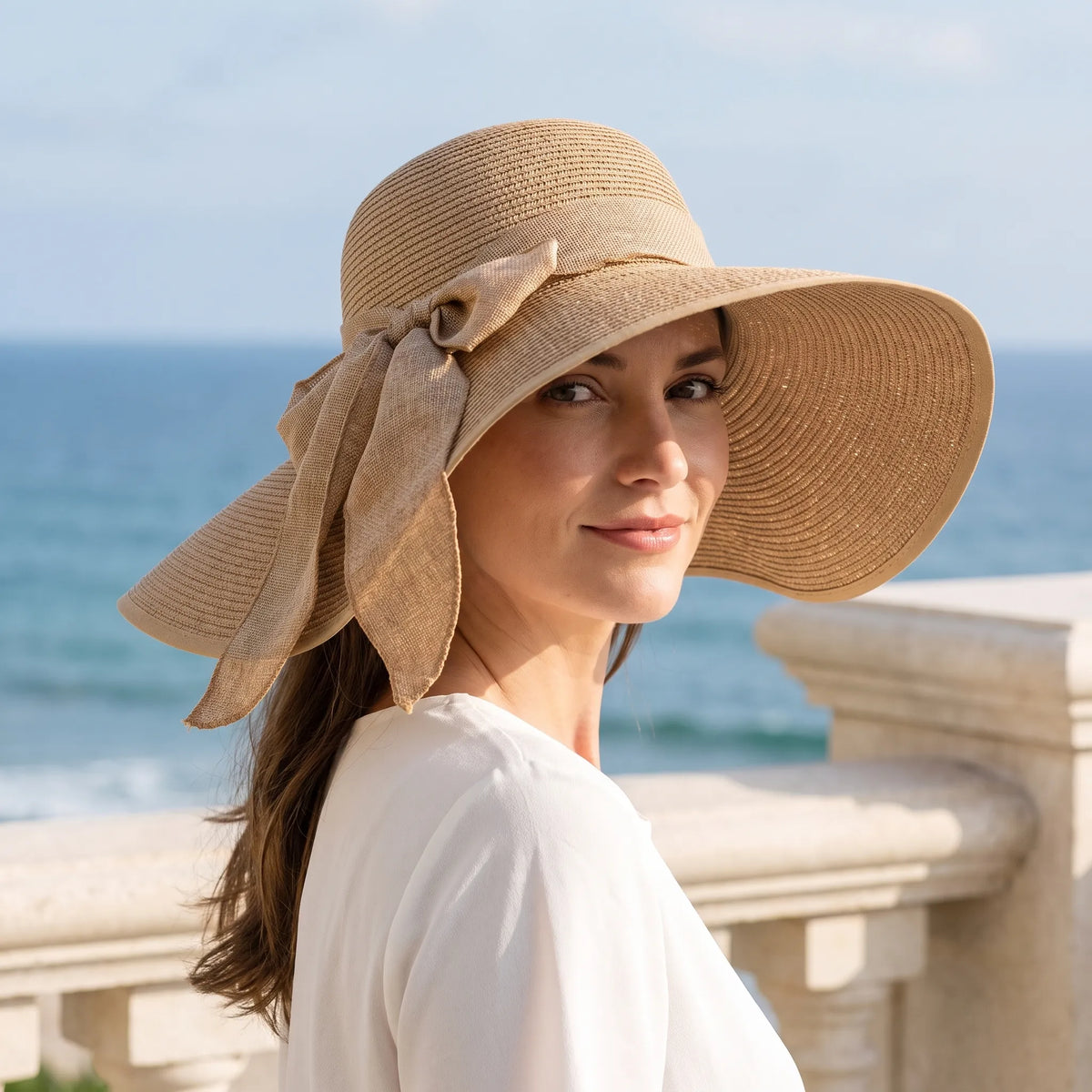 Wide brim women's summer hat with floppy design and bow detail