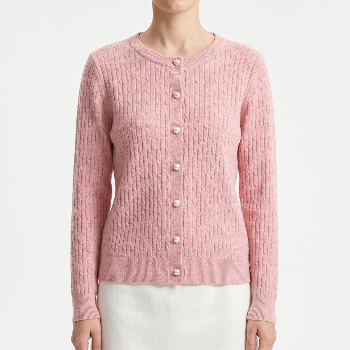 Women's cable knit cardigan with pearl-style buttons and ribbed details
