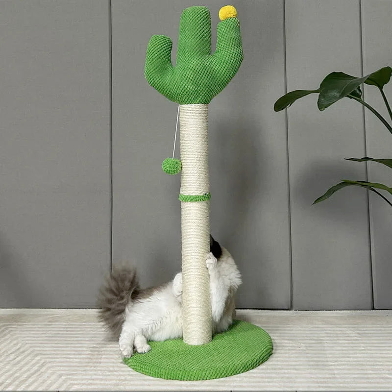 Cactus-shaped cat scratching post with tall rope post and dangling pompom balls