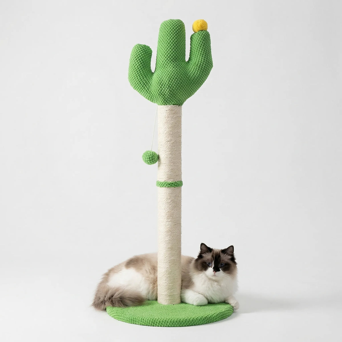 Cactus-shaped cat scratching post with tall rope post and dangling pompom balls