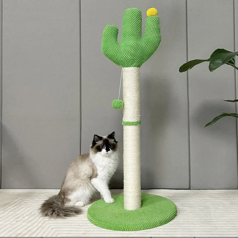 Cactus-shaped cat scratching post with tall rope post and dangling pompom balls