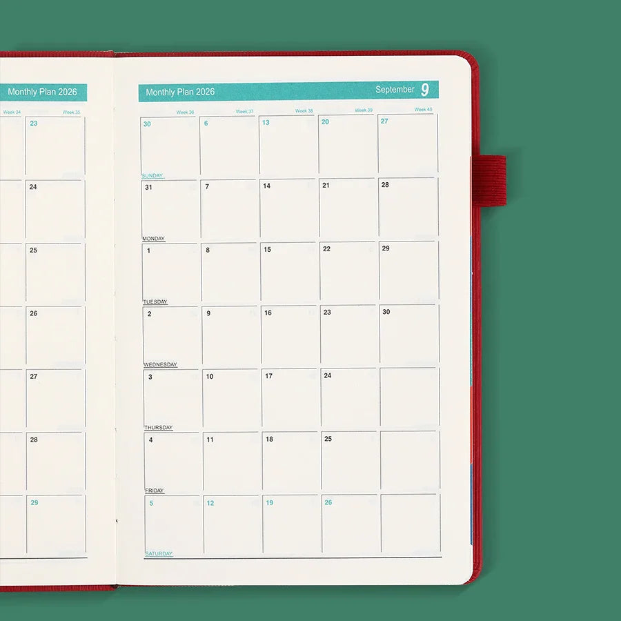 A5 daily planner with colour-coded vertical month tabs and textured cover