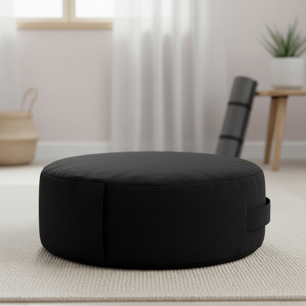Round meditation cushion with hip elevation support and carry handle