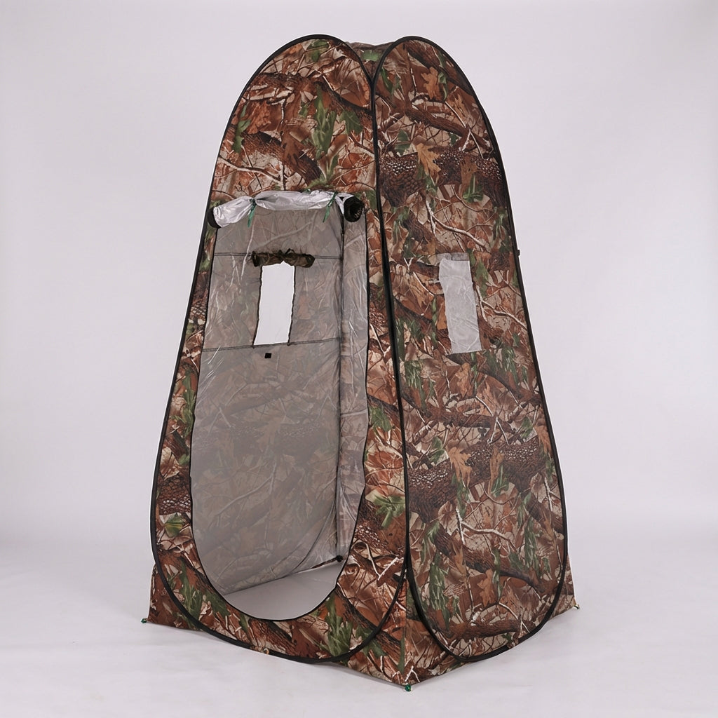 Pop-up privacy tent with ventilated mesh windows and compact carry bag