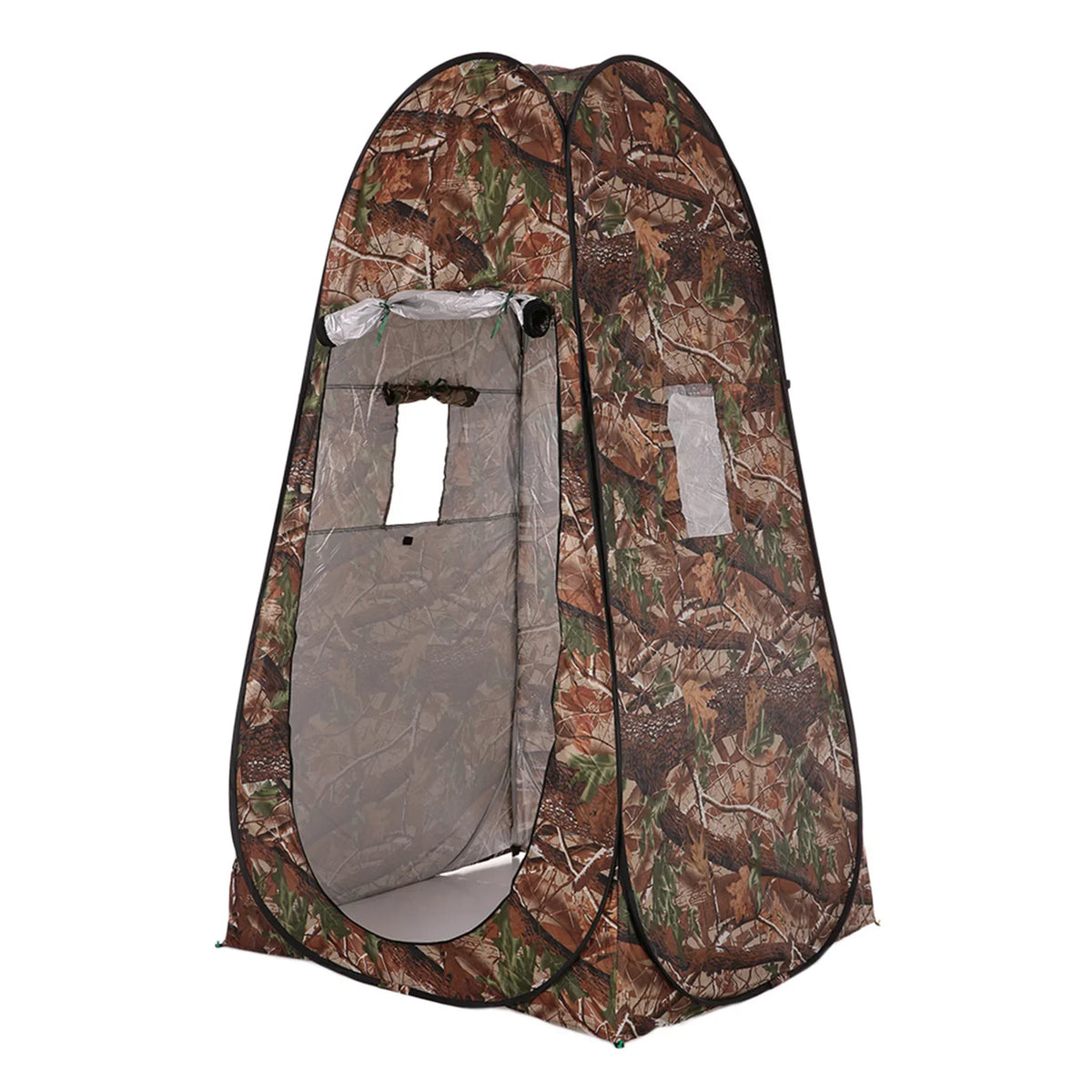 Pop-up privacy tent with ventilated mesh windows and compact carry bag