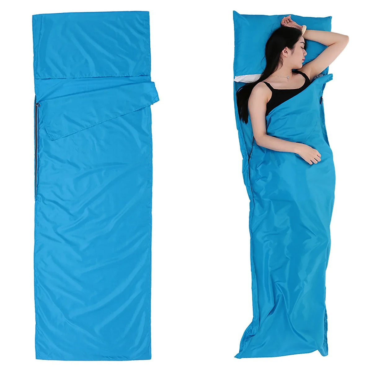 Portable rectangular sleeping bag liner with integrated pillow cover area