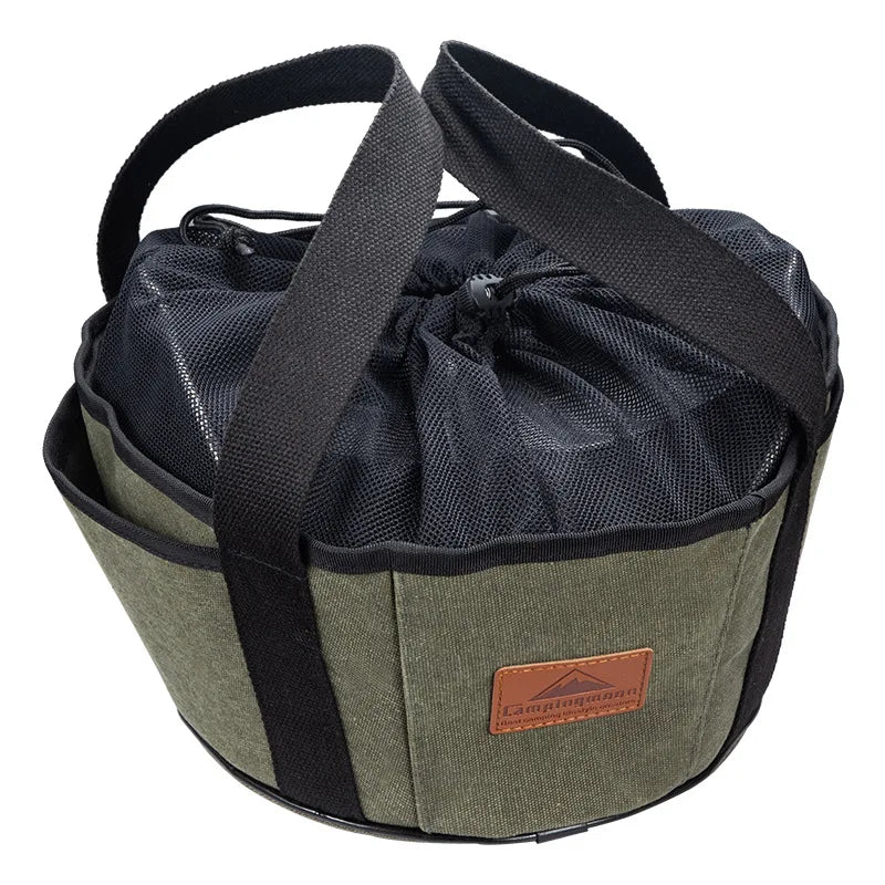 Round camping cookware tote bag with drawcord closure and reinforced handles