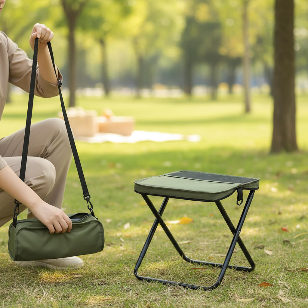Foldable camping stool with lightweight carbon steel frame and carry case