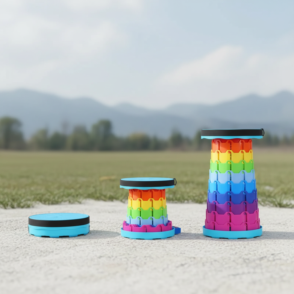 Compact retractable camping stool with adjustable height and wide base