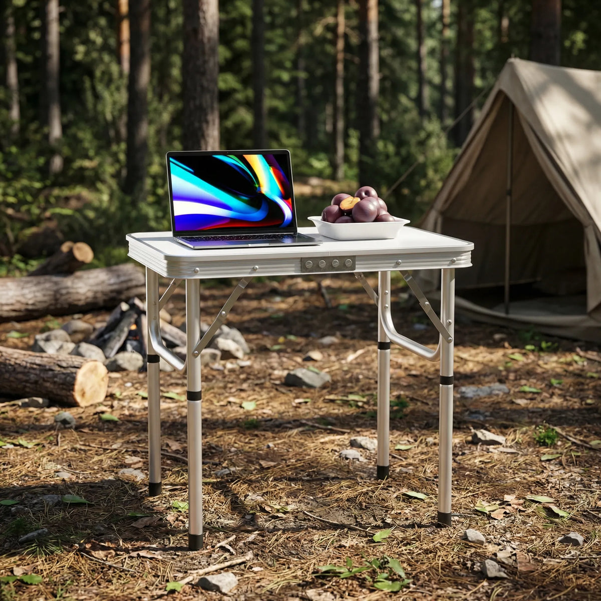 Compact folding camping table with height adjustment and carry handle