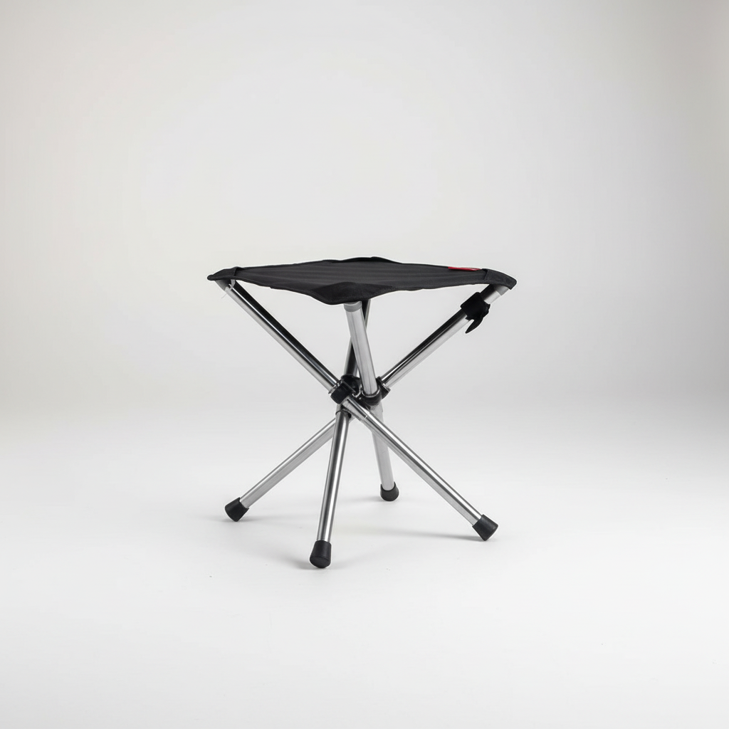 Compact folding camping stool with tripod design and rubber-tipped feet