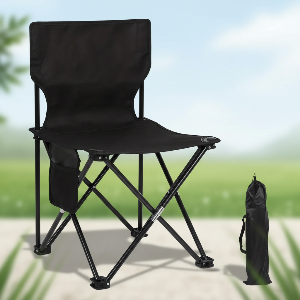 Compact foldable camping chair with supportive backrest and side pocket