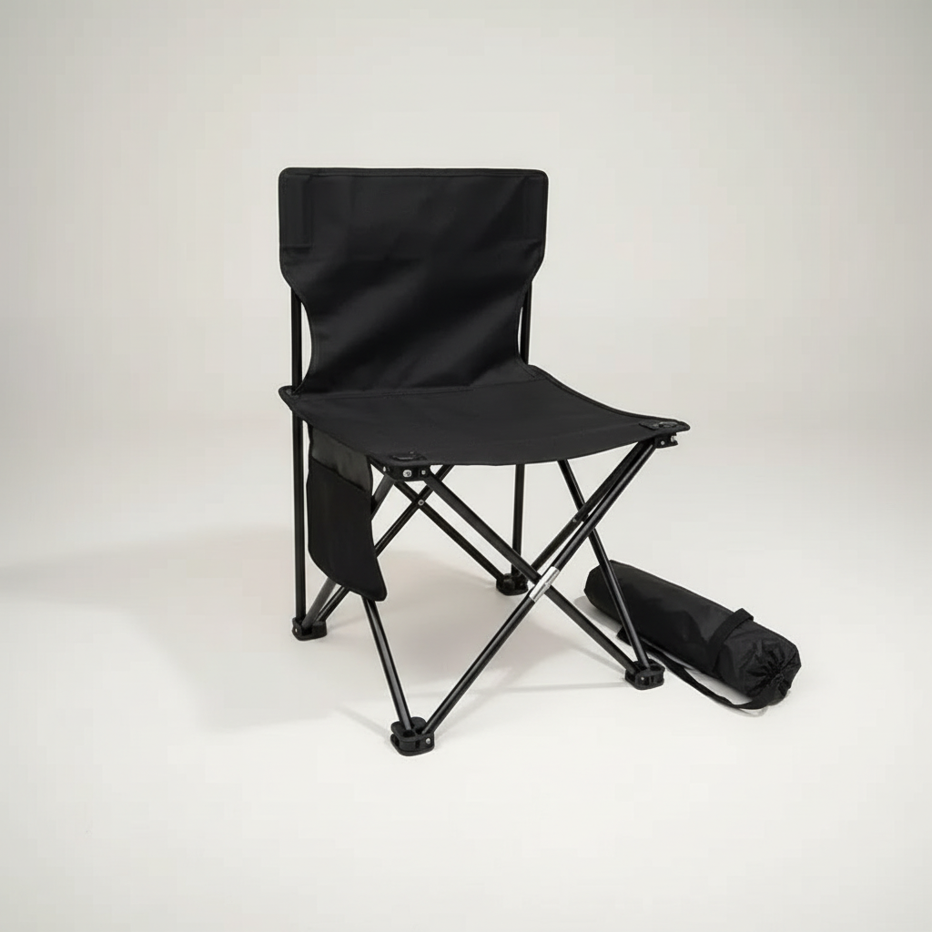 Compact foldable camping chair with supportive backrest and side pocket
