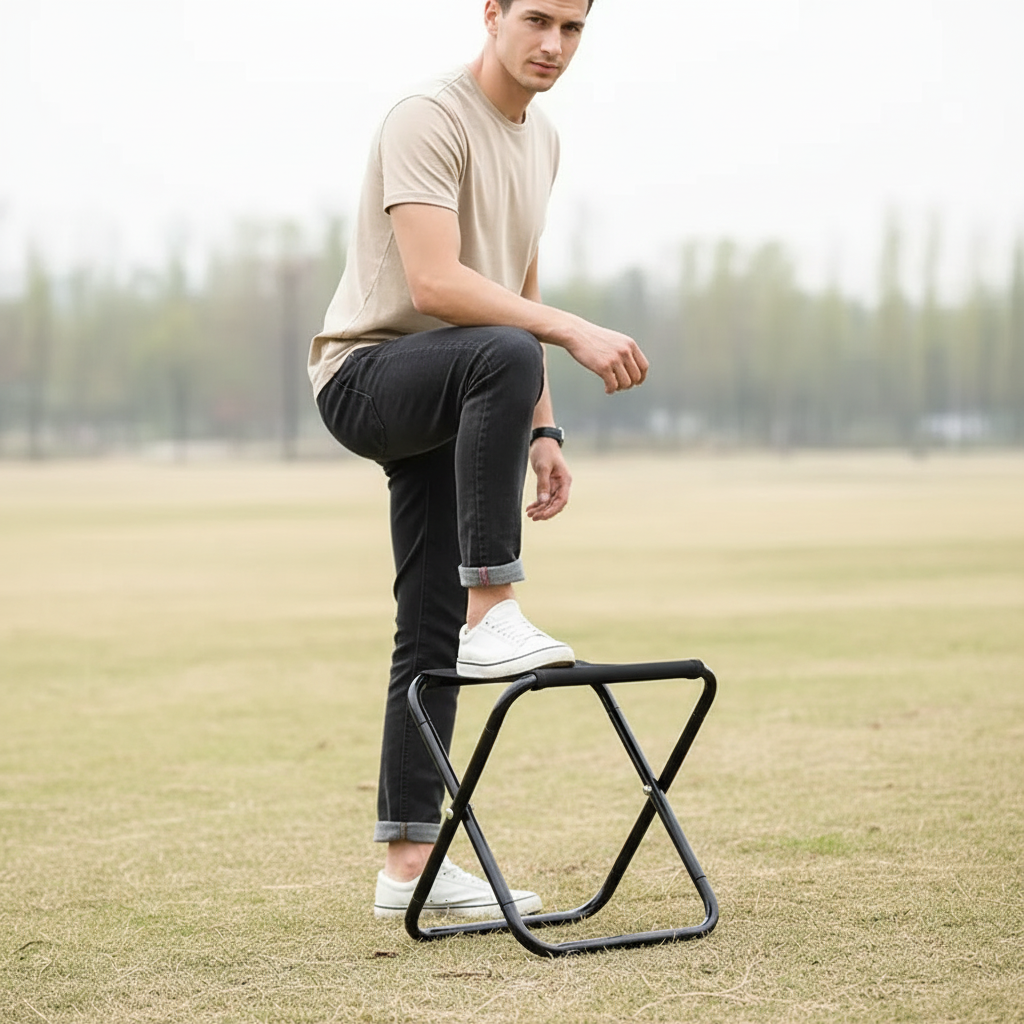 Collapsible camping stool with woven seat and lightweight folding frame