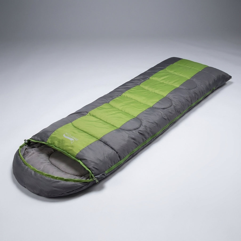 Lightweight envelope-style sleeping bag with compression sack