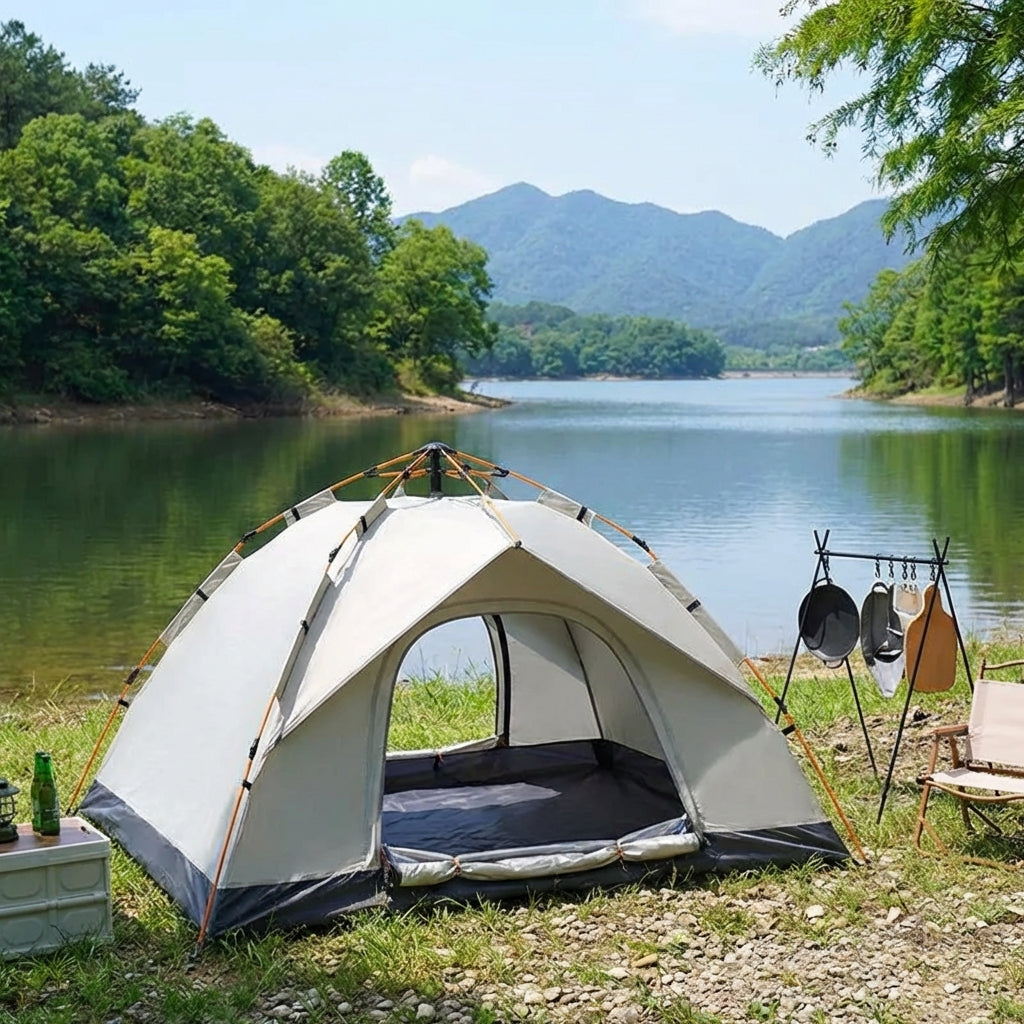 Automatic pop-up camping tent with double-layer sunshade for 3-4 people