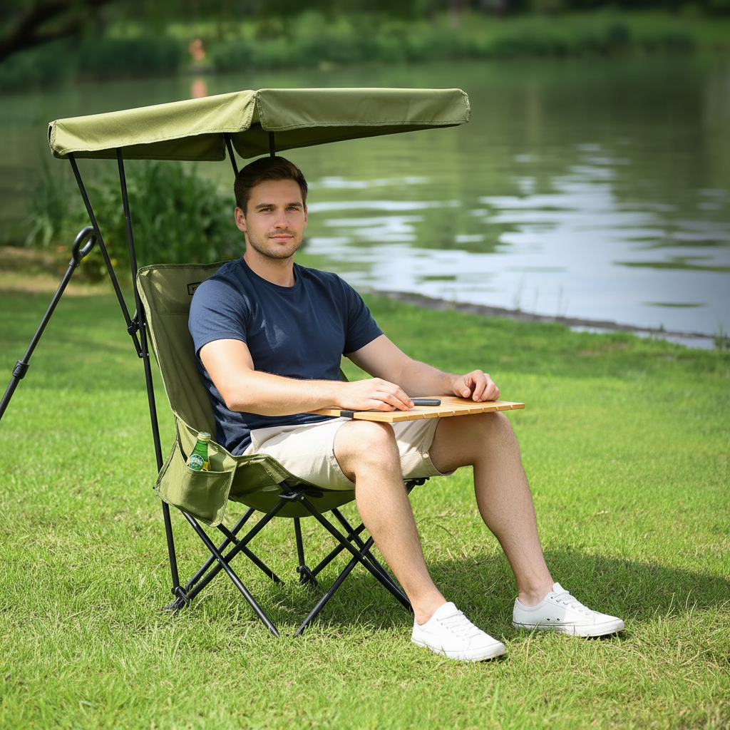 Oversized folding lounge chair with adjustable canopy and integrated pockets