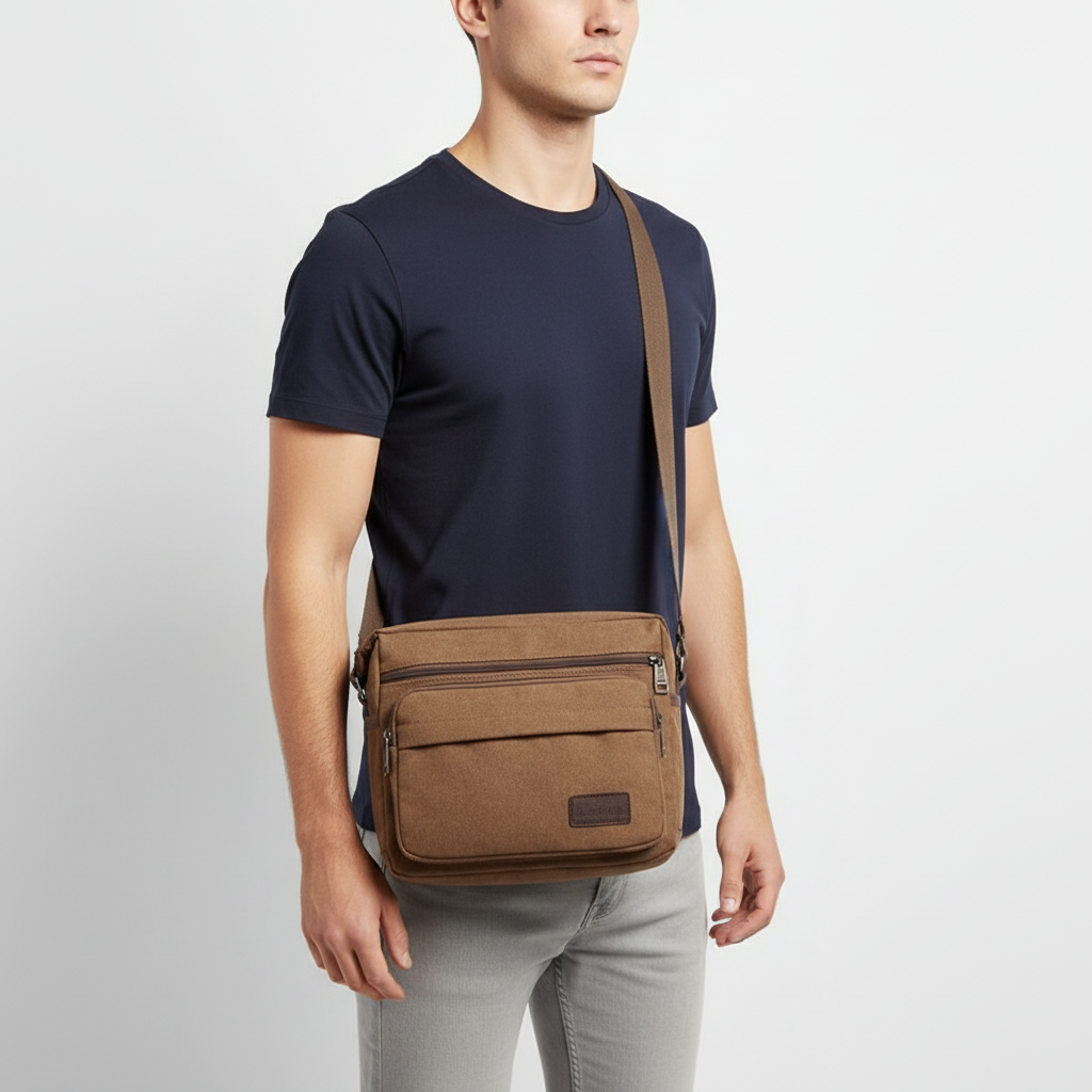 Canvas crossbody messenger bag with adjustable strap and multiple pockets
