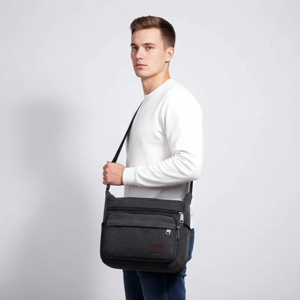 Canvas crossbody messenger bag with adjustable strap and multiple pockets