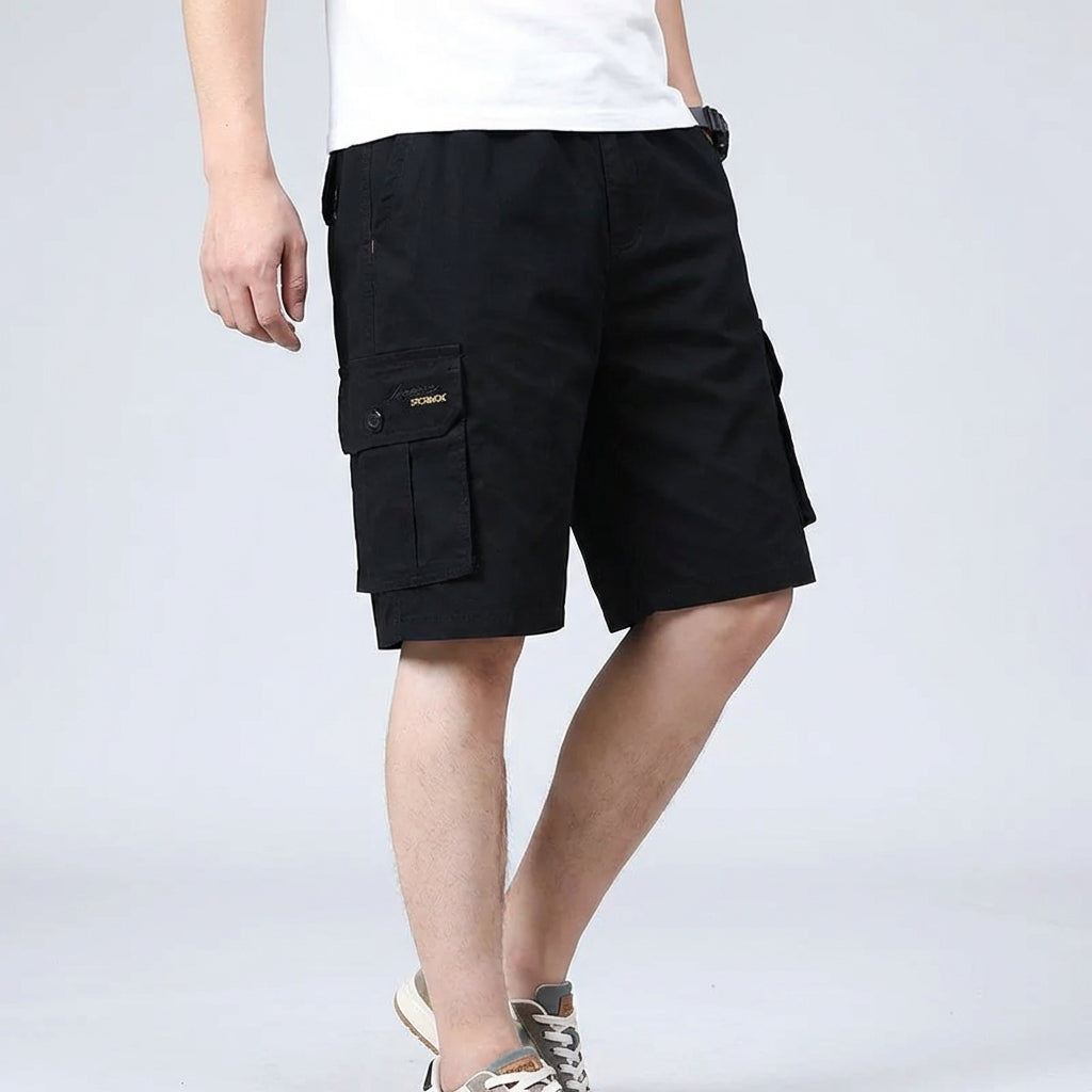 Men's cargo shorts with mid-rise elastic waist and multiple pockets