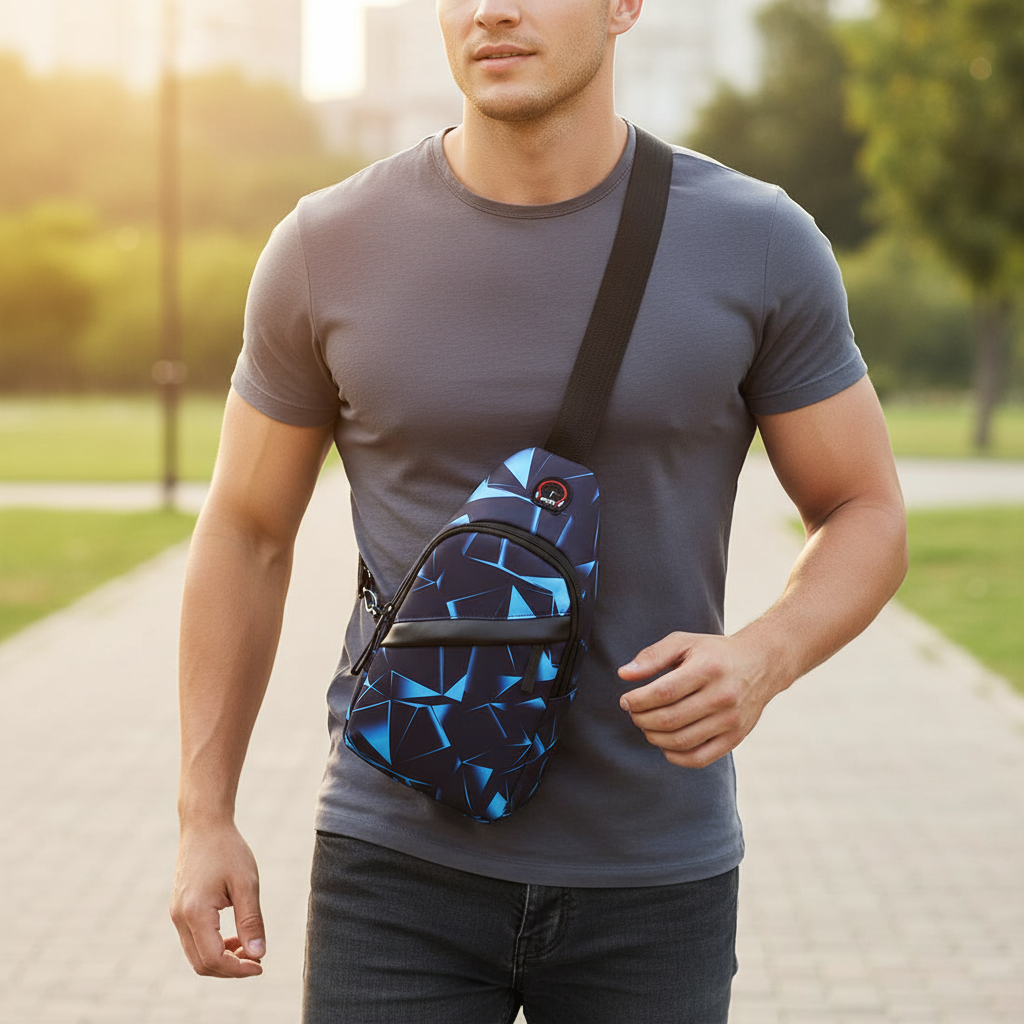 Compact nylon chest bag with adjustable strap and zip closure