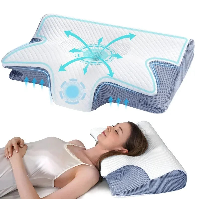 Contoured memory foam neck pillow with ergonomic butterfly design