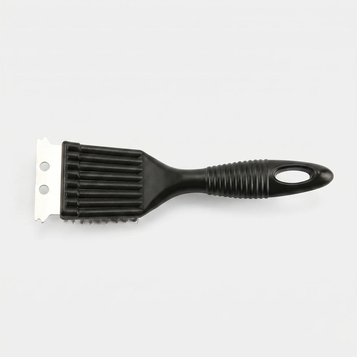 Heavy-duty barbecue grill brush with stiff bristles and rigid scraper