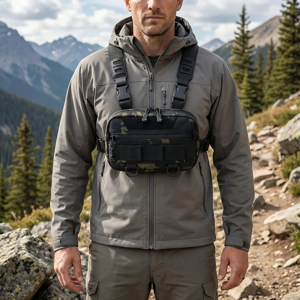 Compact front chest rig with quick access pockets and adjustable straps