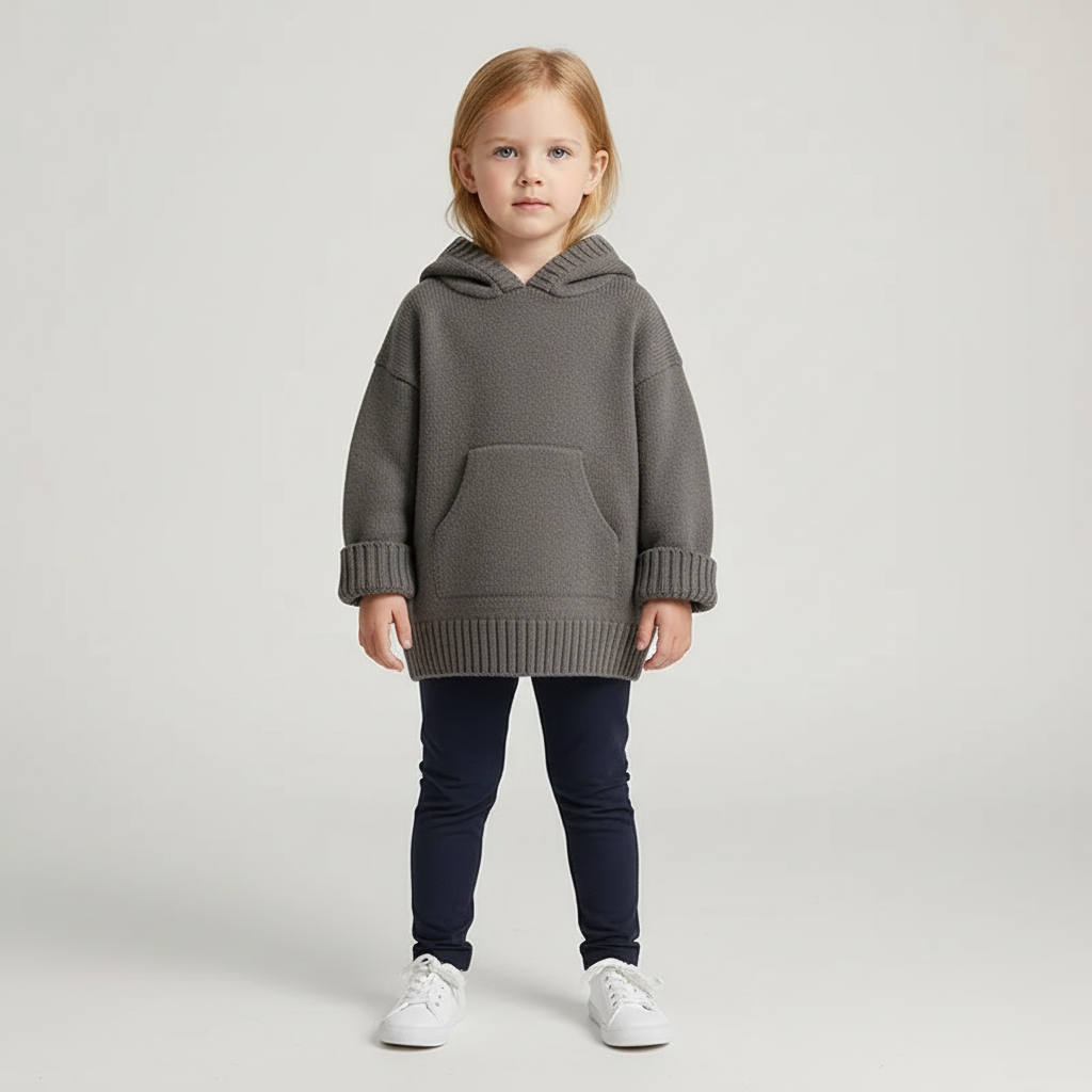 Kids hooded knit jumper with front pocket relaxed fit warm