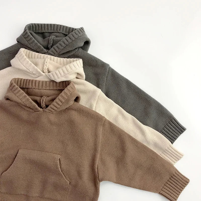 Kids hooded knit jumper with front pocket relaxed fit warm