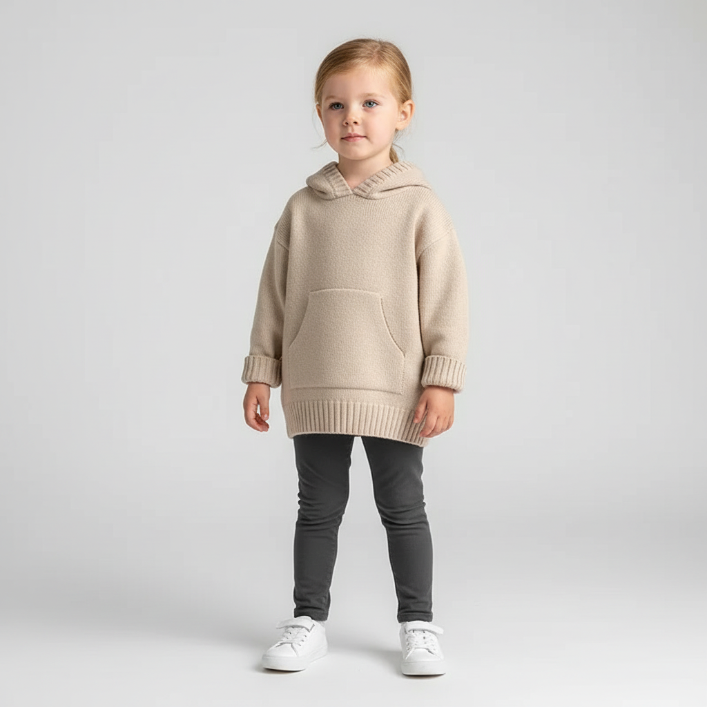 Kids hooded knit jumper with front pocket relaxed fit warm