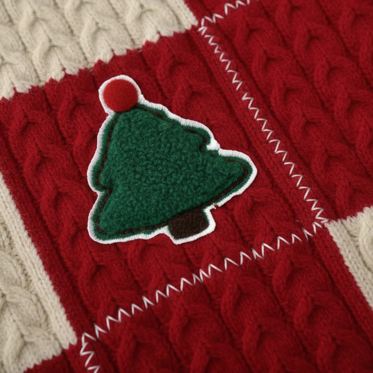 Kids Christmas jumper red cable knit with festive 3D appliqués