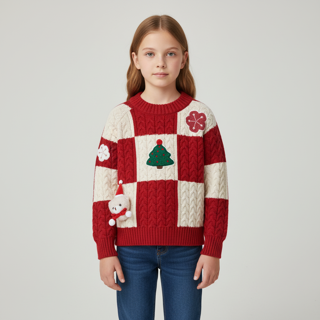 Kids Christmas jumper red cable knit with festive 3D appliqués