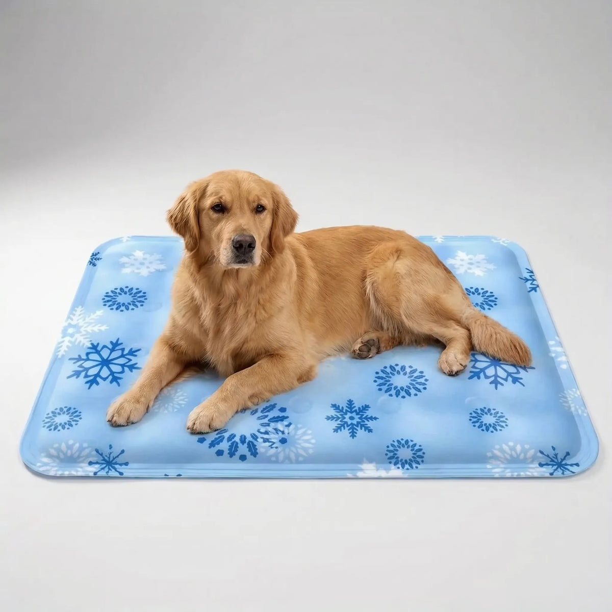 Water-filled pet cooling mat with snowflake pattern for dogs and cats