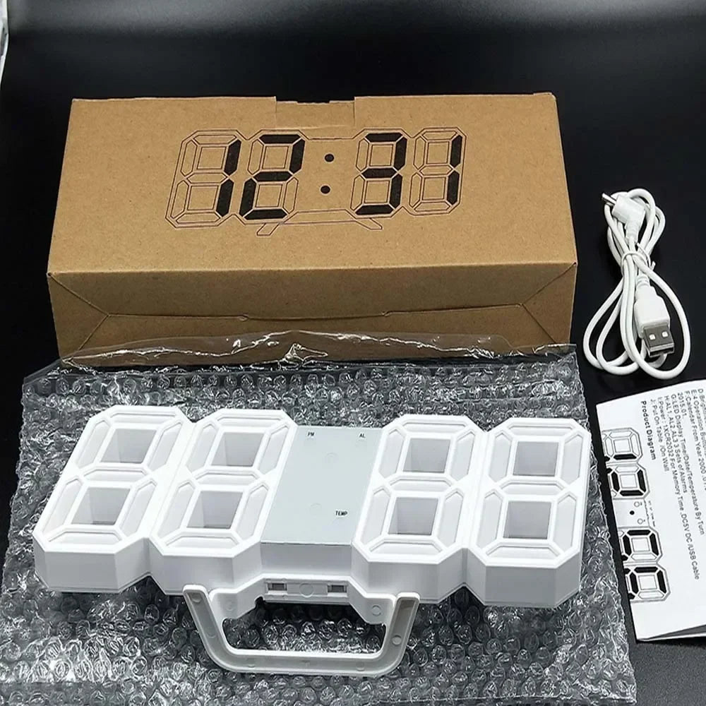 Modern 3D LED digital wall clock with large digits and calendar display