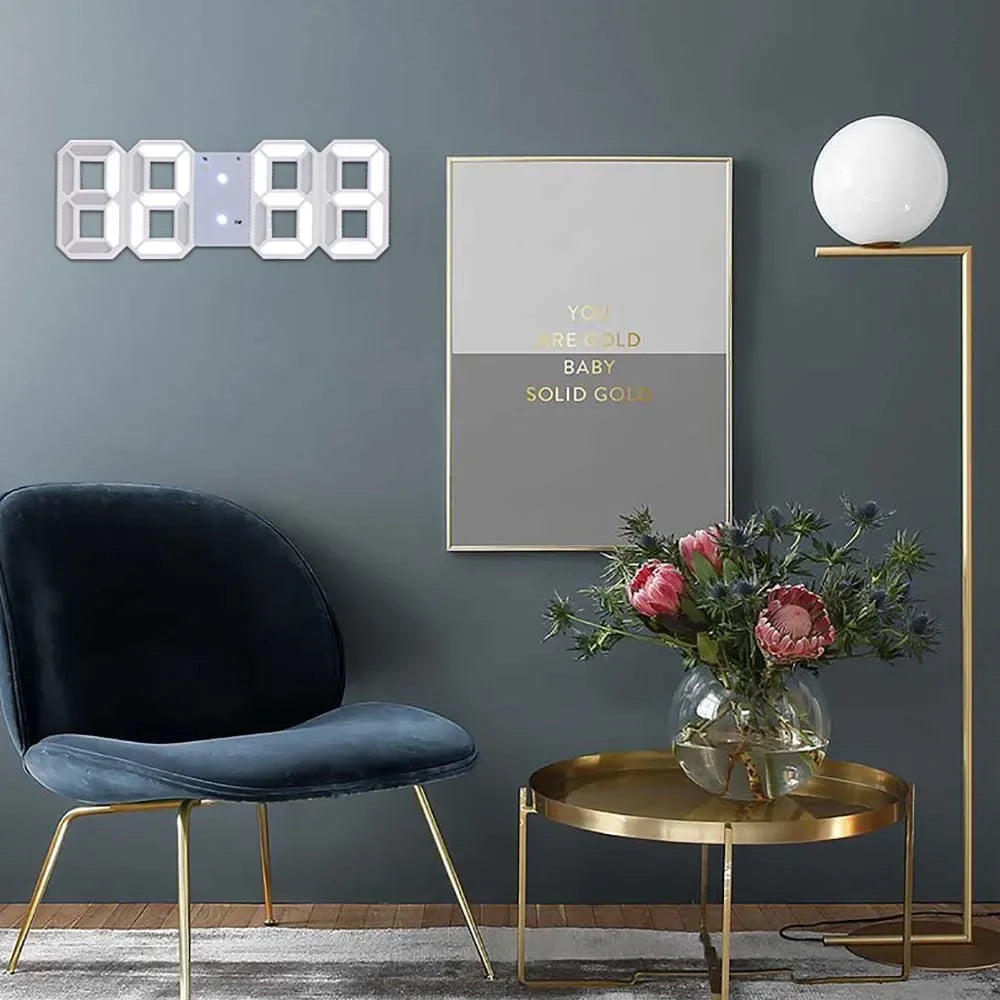 Modern 3D LED digital wall clock with large digits and calendar display