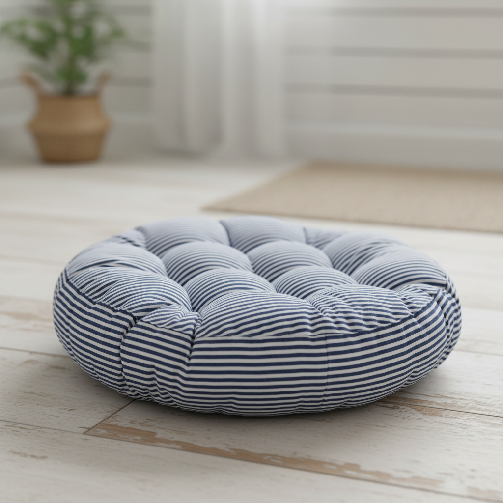 Thick round floor cushion with tufted support for meditation and seating