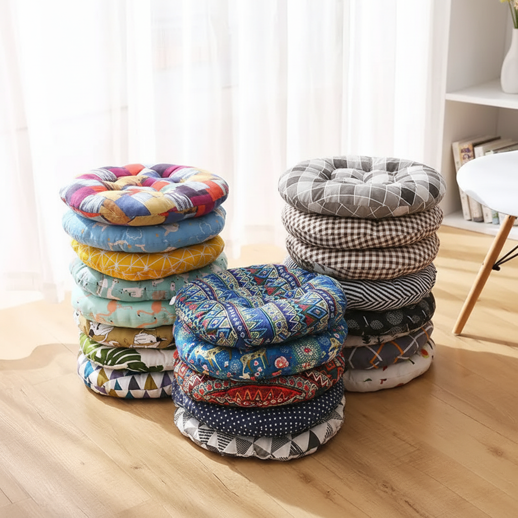 Round seat cushion with tufted design for chair and floor comfort