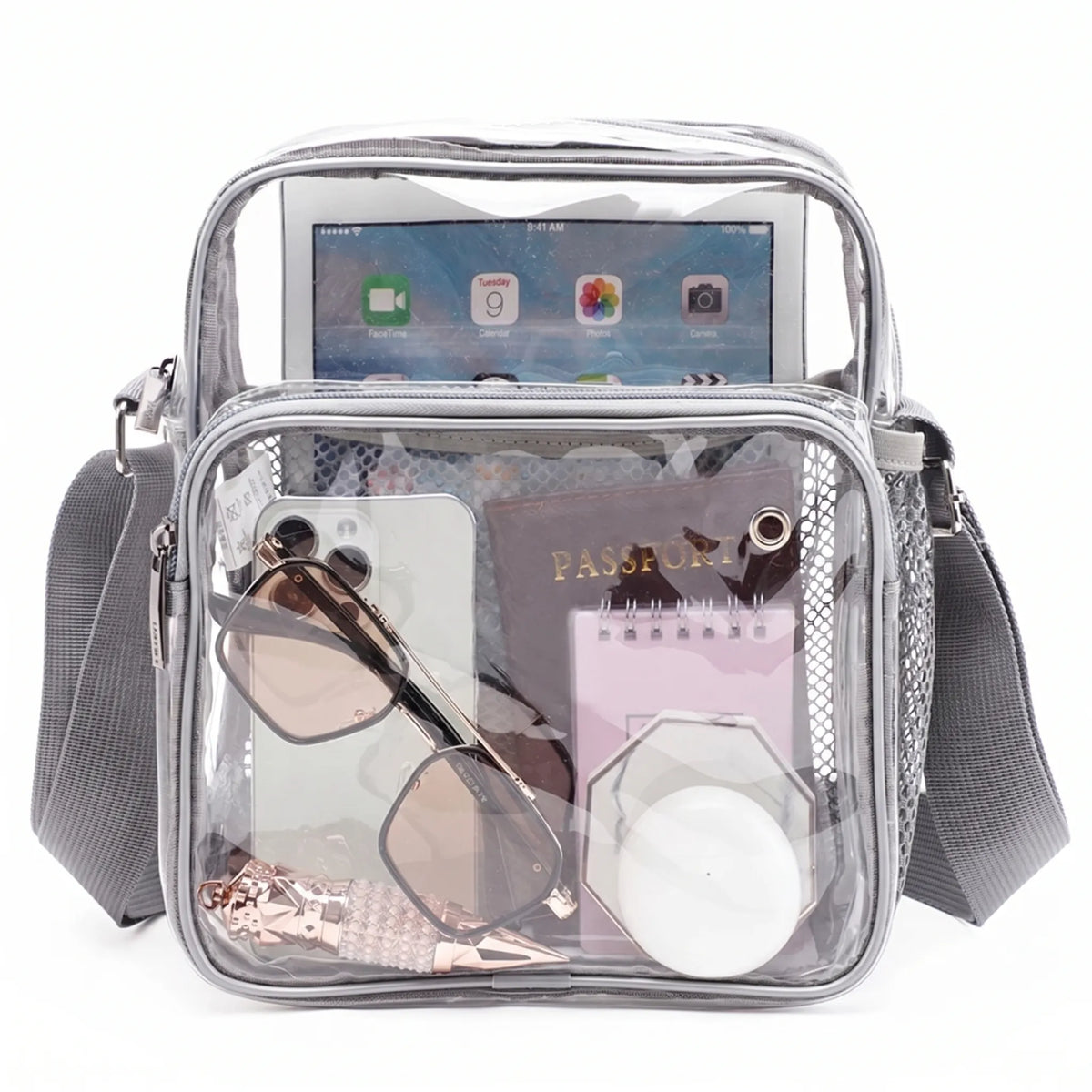 Transparent crossbody bag with mesh front pocket and adjustable strap