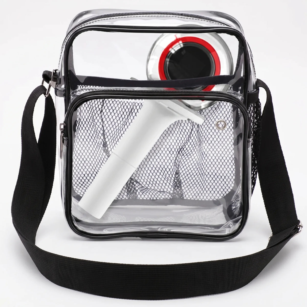 Transparent crossbody bag with mesh front pocket and adjustable strap