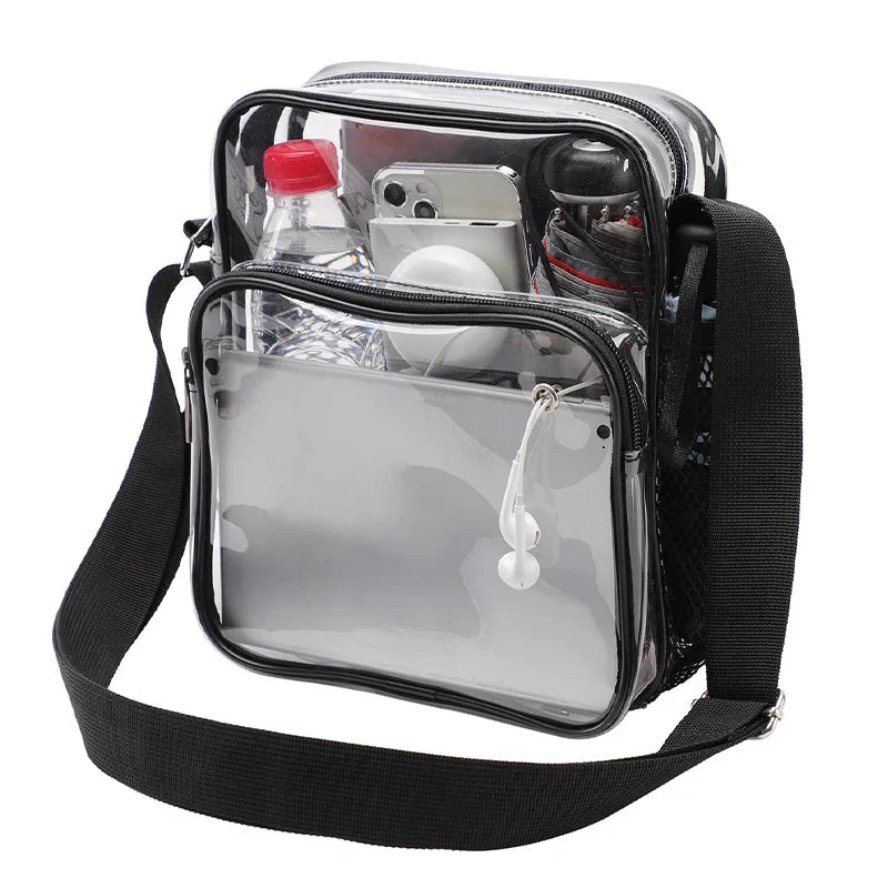 Transparent crossbody bag with mesh front pocket and adjustable strap