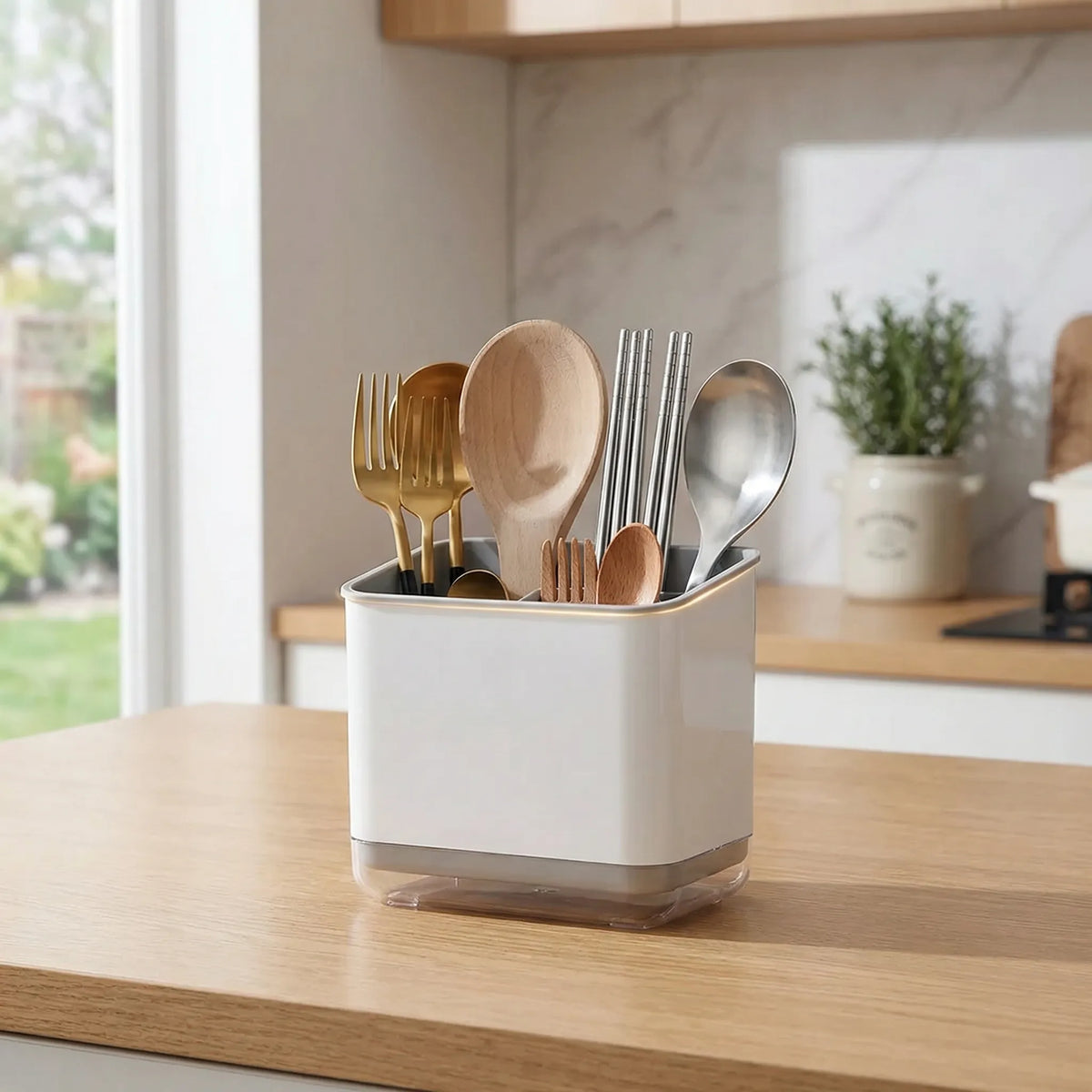 Compact double layer cutlery organiser with detachable drainage tray