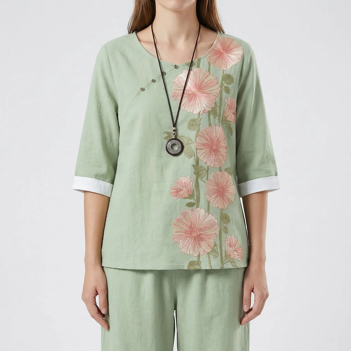 Women's clover print short-sleeve top and high-waist pant set