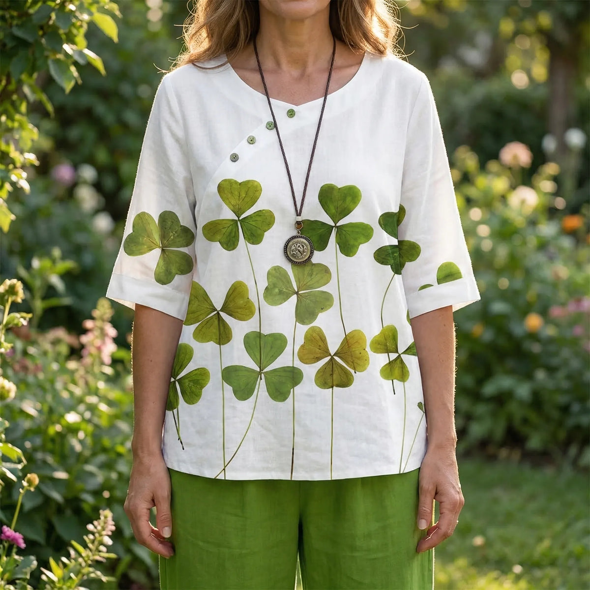 Women's clover print short-sleeve top and high-waist pant set