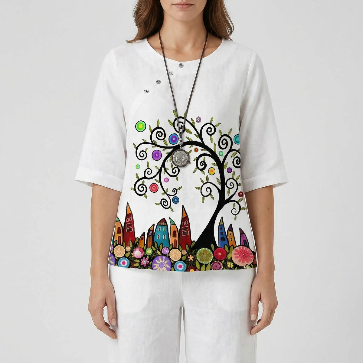 Women's clover print short-sleeve top and high-waist pant set