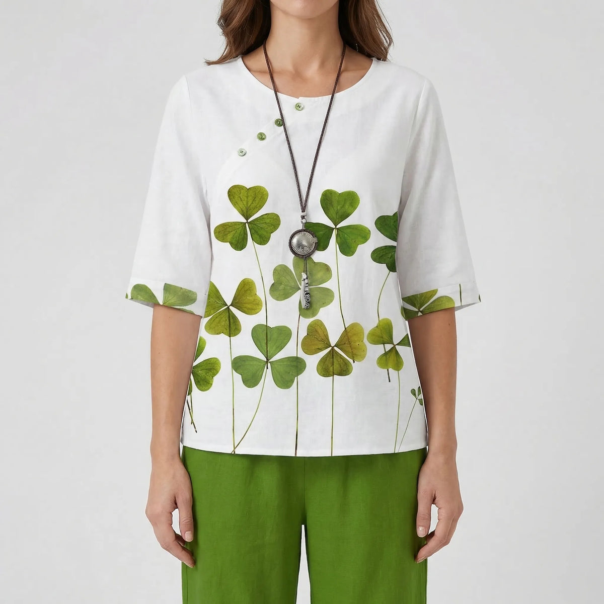 Women's clover print short-sleeve top and high-waist pant set