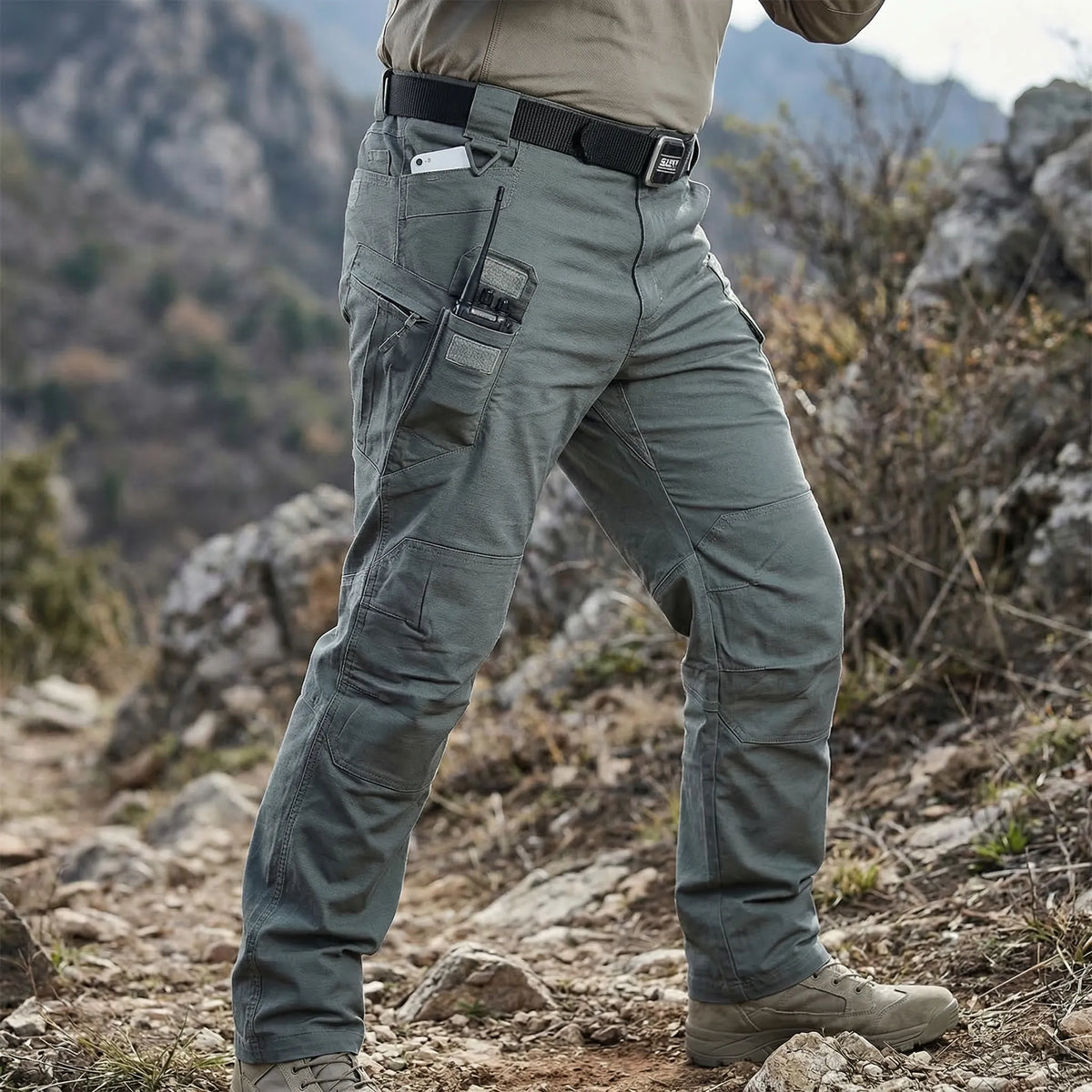 Tactical cargo trousers with multiple pockets and water-repellent finish